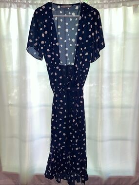 Abercrombie & Fitch Navy and White Polka Dot Wrap Midi Dress